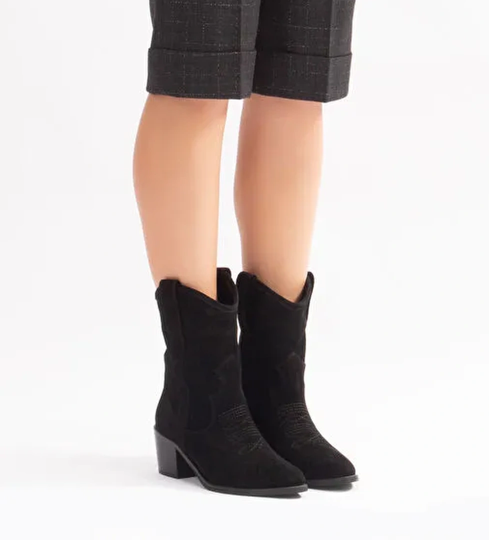 Merita Gerçek Deri Kadın Western Bot Siyah Süet - Görsel 1