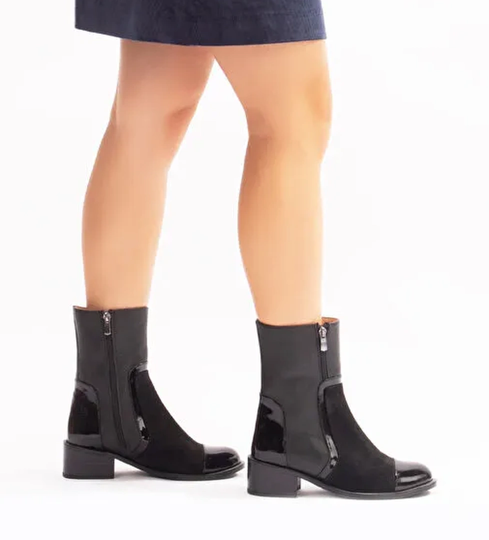 Sahay Gerçek Deri Kadın Bot Siyah Deri Süet Rugan - Görsel 1