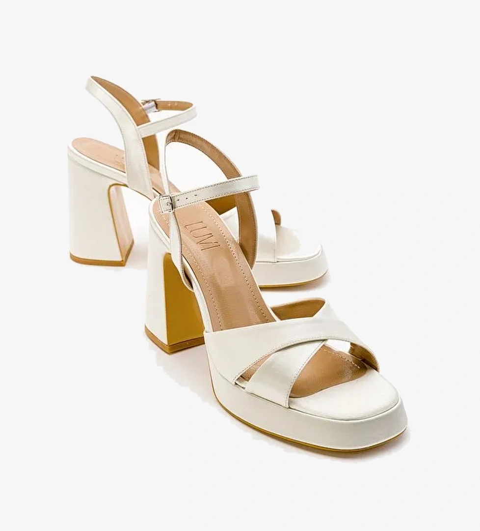 LELLO Ekru Bej Saten Kadın Platform Topuklu Ayakkabı - Görsel 1