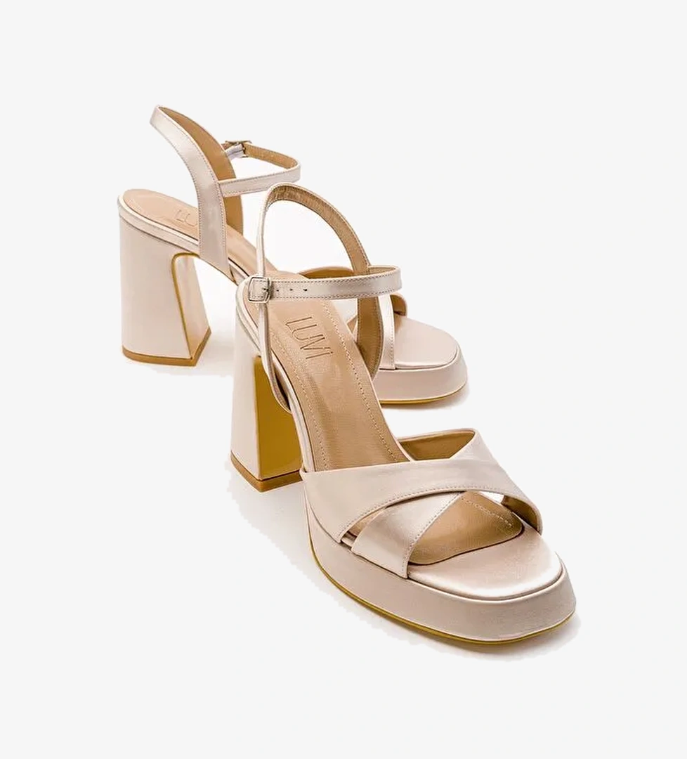 LELLO Bej Saten Kadın Platform Topuklu Ayakkabı - Görsel 1