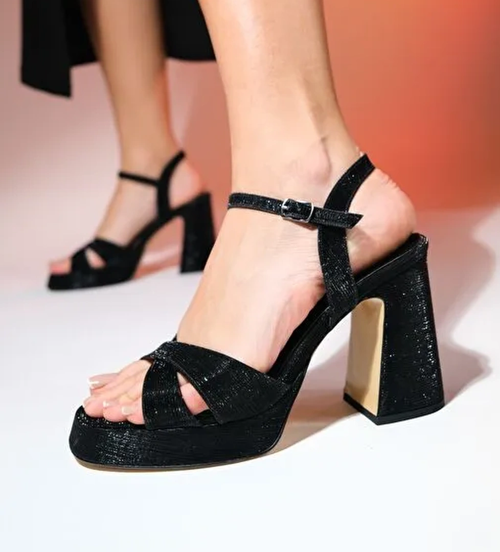 LELLO Siyah Çizgili Kadın Platform Topuklu Ayakkabı - Görsel 1