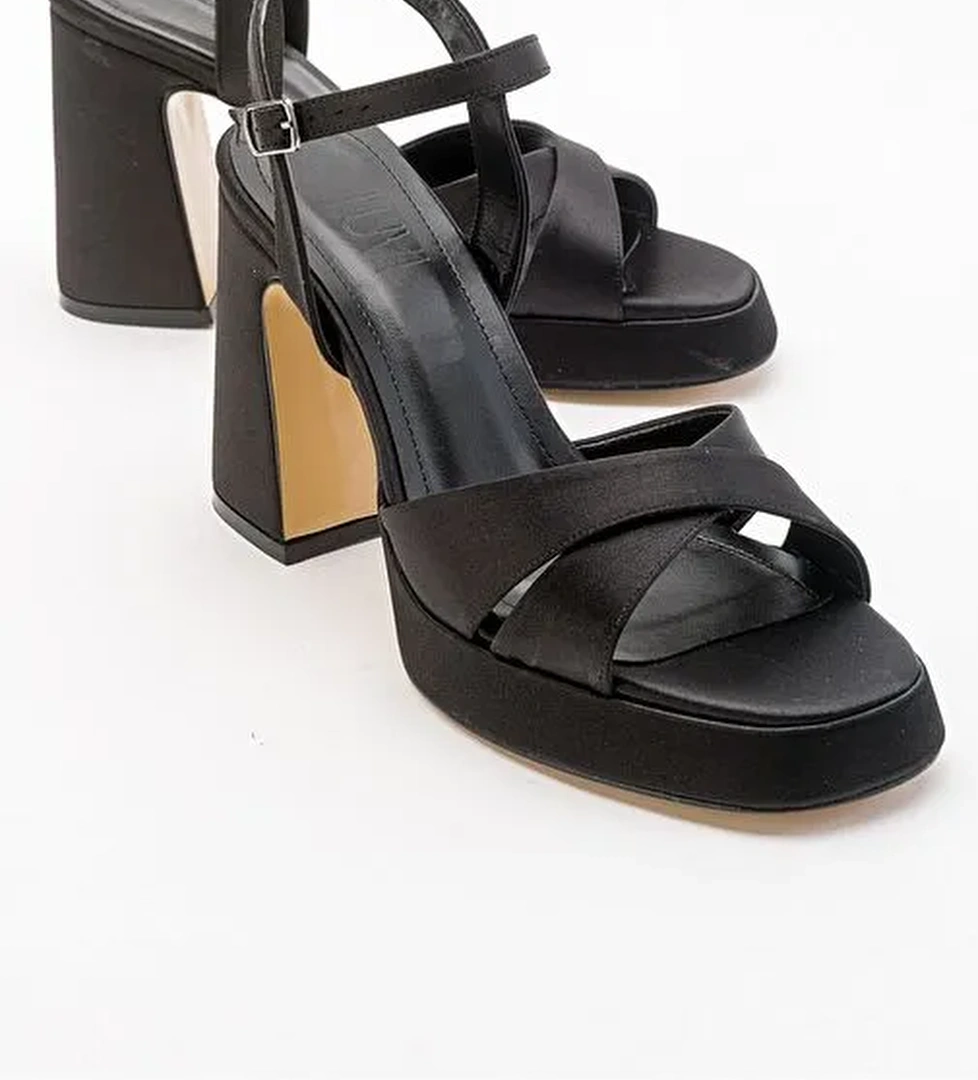 LELLO Siyah Saten Kadın Platform Topuklu Ayakkabı - Görsel 1
