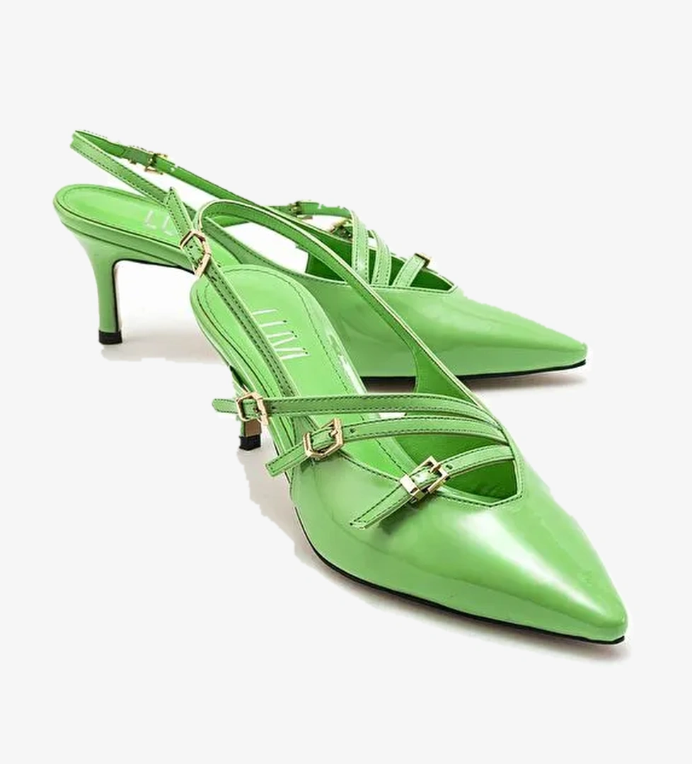 MAGRA Yeşil Rugan Sivri Burun Arkası Açık İnce Topuklu Kadın Ayakkabı - Görsel 1