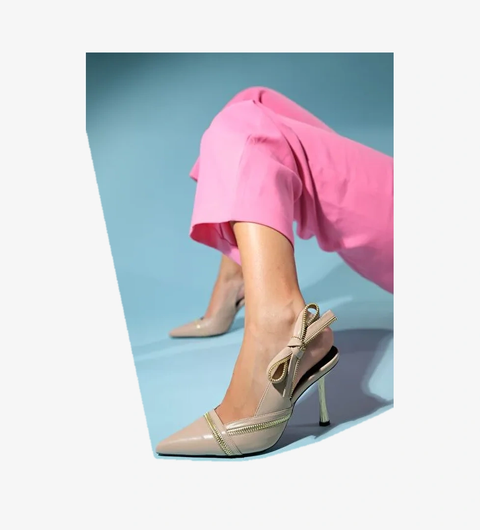 GLEN Bej Cilt Fermuar Detaylı Kadın Yüksek Topuklu Ayakkabı - Görsel 1