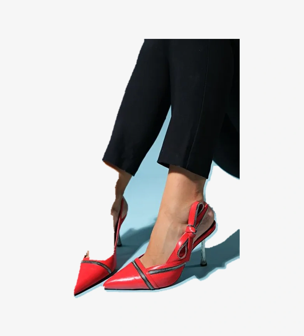 GLEN Kırmızı Cilt Fermuar Detaylı Kadın Yüksek Topuklu Ayakkabı - Görsel 1