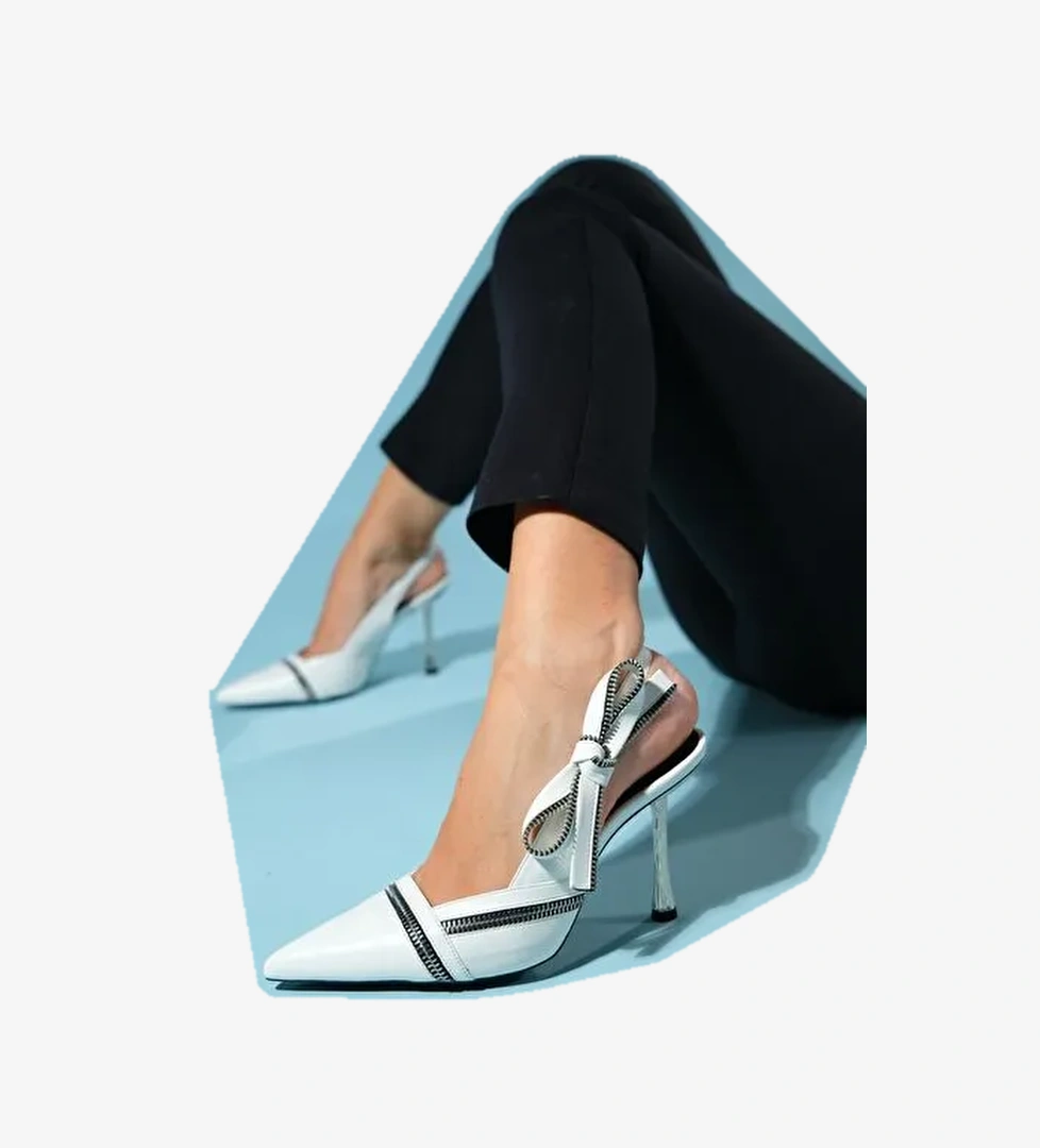 GLEN Beyaz Cilt Fermuar Detaylı Kadın Yüksek Topuklu Ayakkabı - Görsel 1