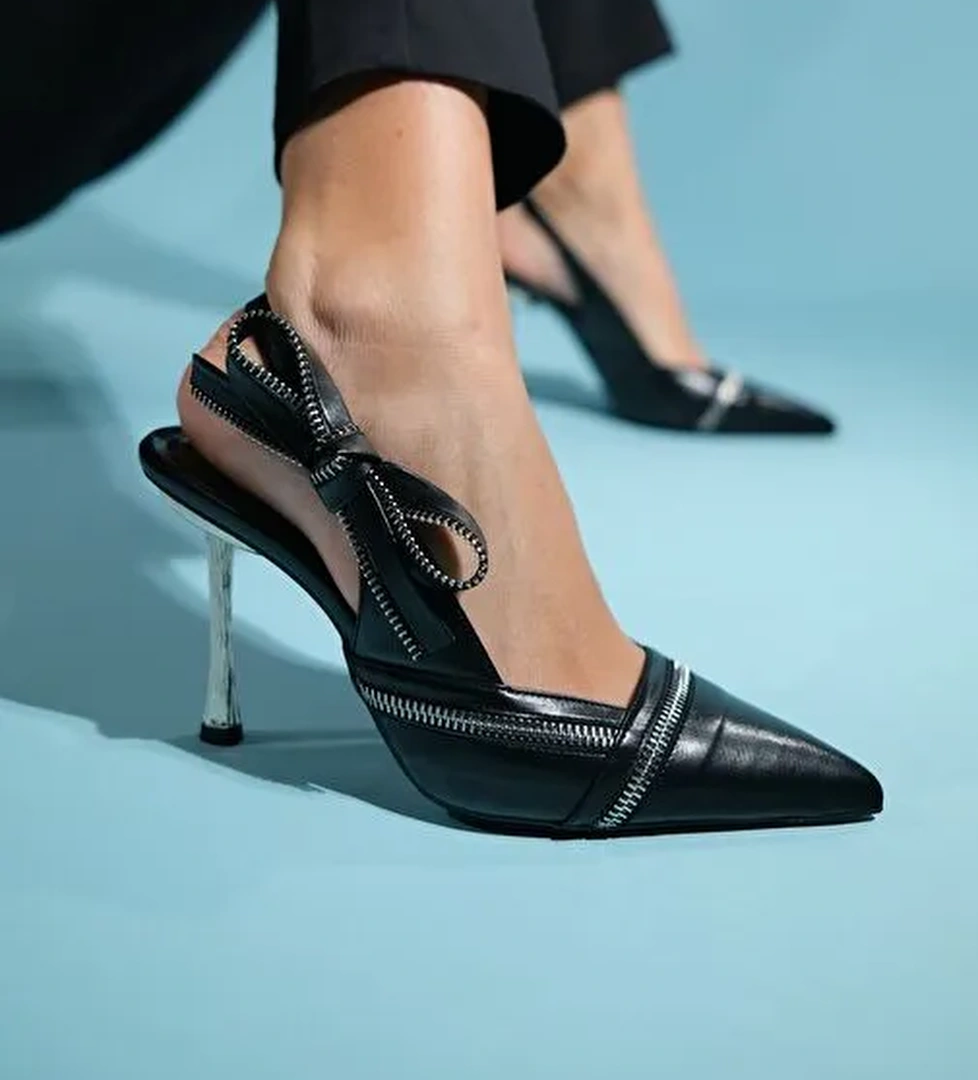 GLEN Siyah Cilt Fermuar Detaylı Kadın Yüksek Topuklu Ayakkabı - Görsel 1