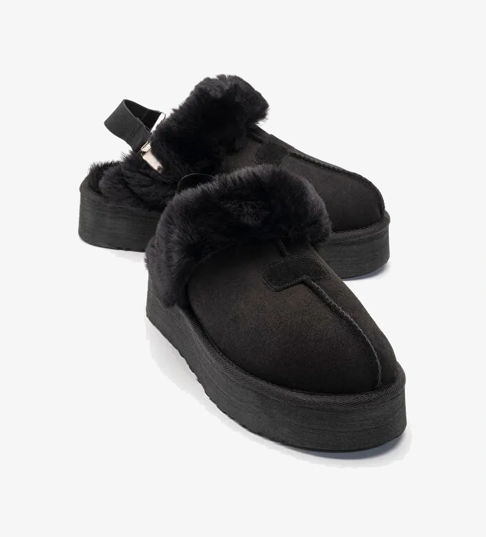 OLESSA Siyah Hakiki Deri Süet Kadın Kürklü Terlik - Görsel 1