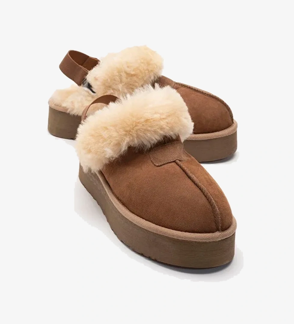 OLESSA Taba Hakiki Deri Süet Kadın Kürklü Terlik - Görsel 1