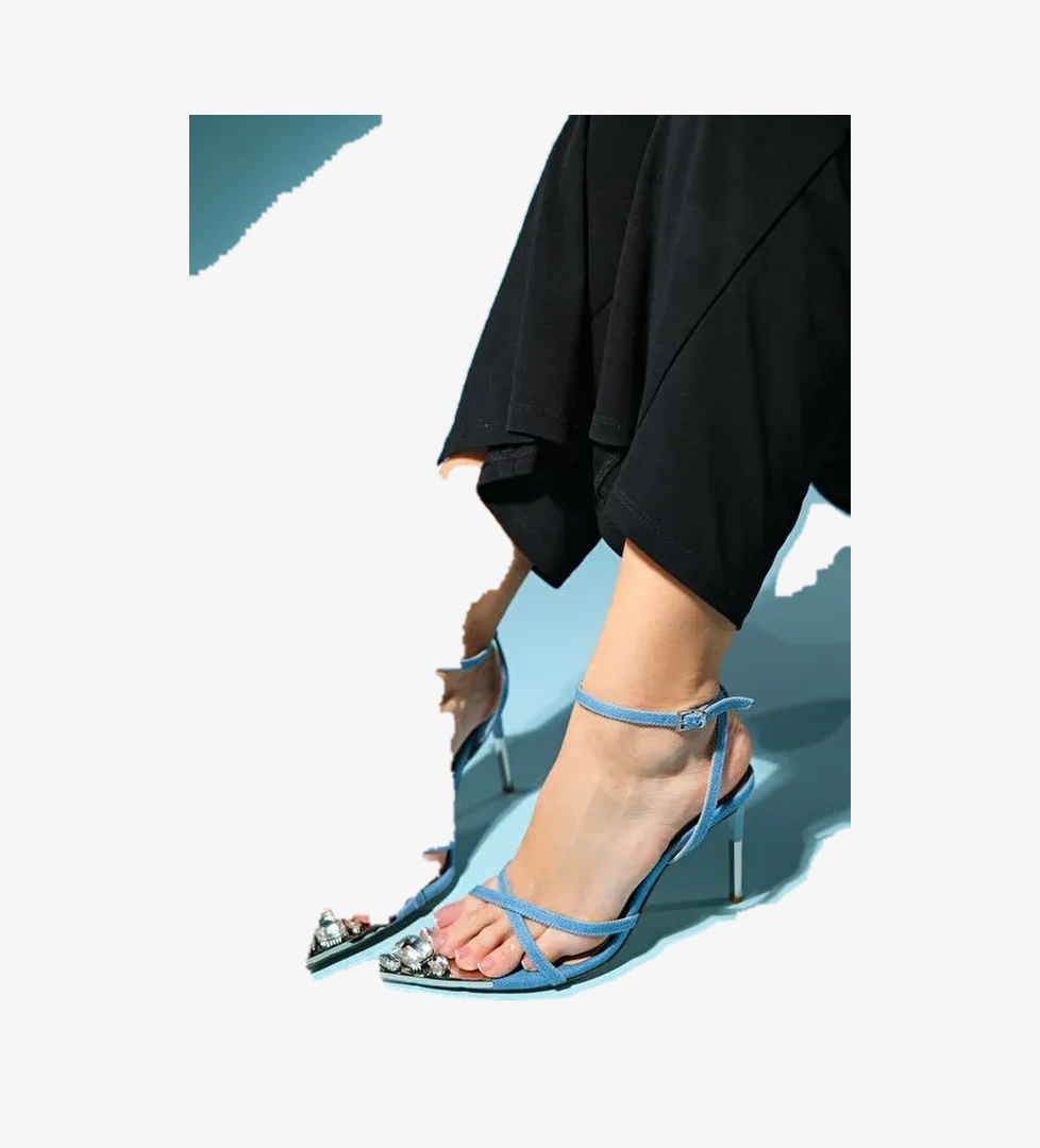 MELOSSA Açık Kot Mavi Taşlı Kadın Yüksek Topuklu Ayakkabı - Görsel 1