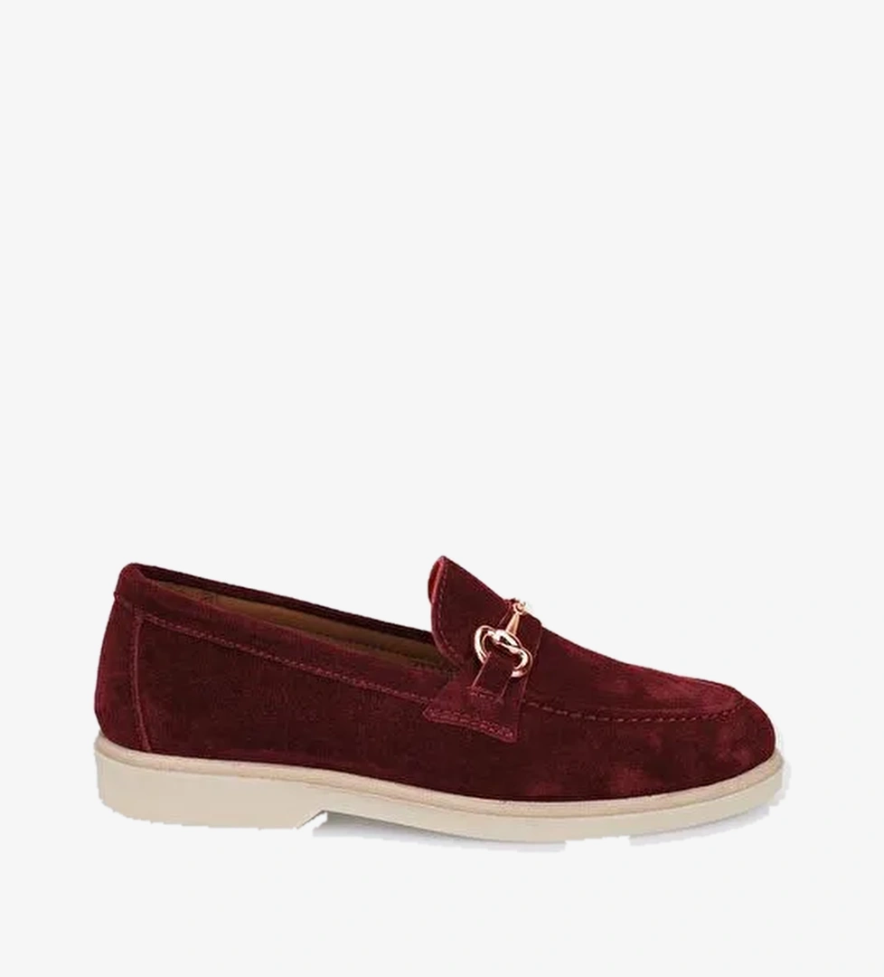 %100 Hakiki Deri Bordo Süet Kadın Loafer - Görsel 1