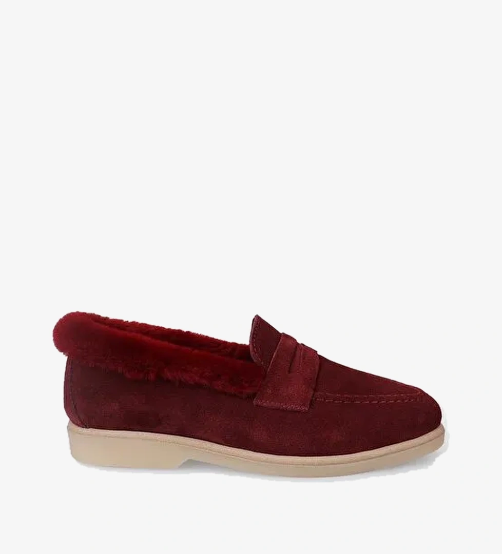 %100 Hakiki Deri Bordo Süet Kürklü Kadın Loafer - Görsel 1