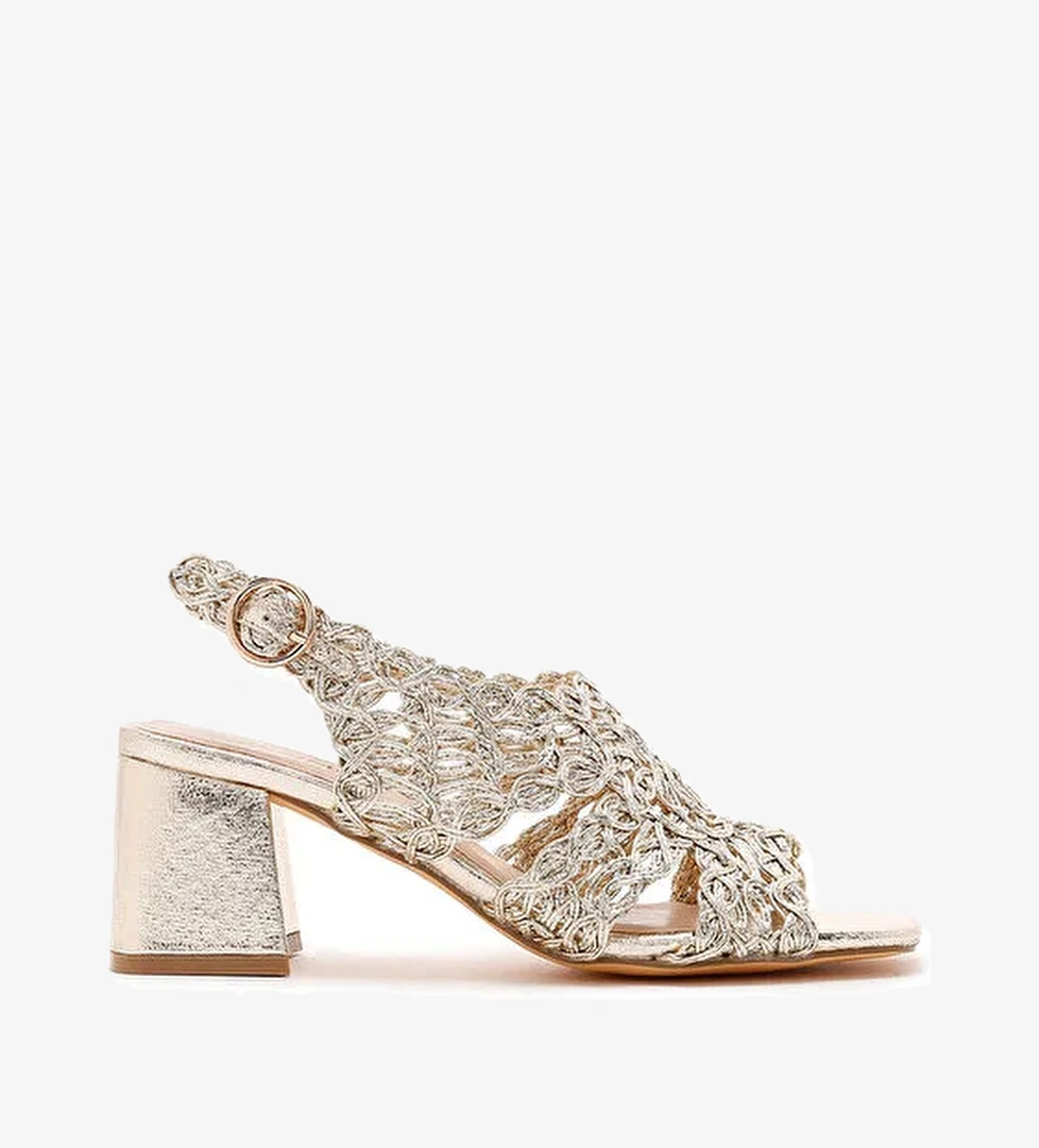 Derimod Derimod Kadın Altın Bilekten Bantlı Metalik Topuklu Örgü Desenli Sandalet 24SFD440932 Boyner'de! Altın - 1. görsel