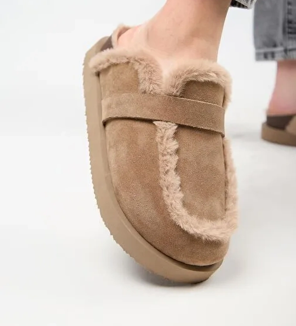 Manijero (Ecemi Platform) Kadın Hakiki Deri Kürklü Loafer Platform Vizon Terlik - Görsel 1