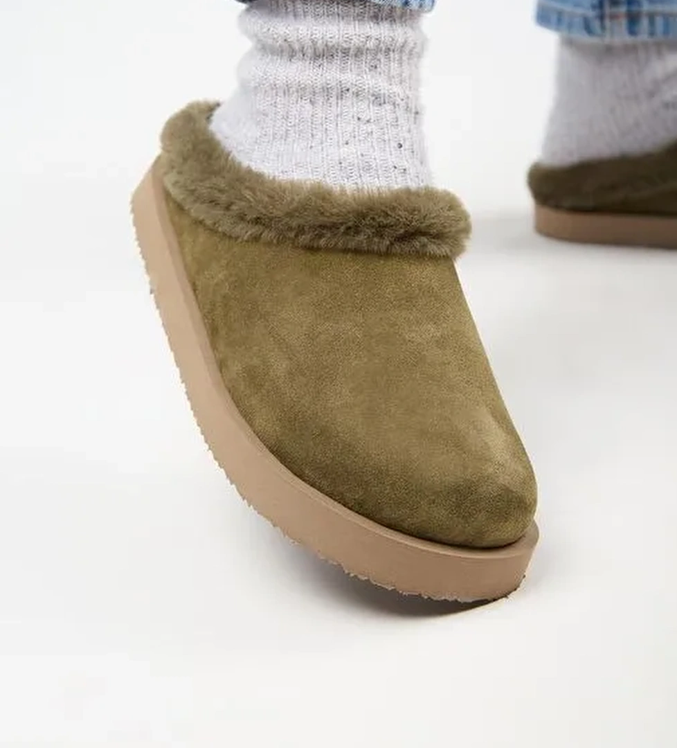 Manijero Haki Kadın Deri - Kürklü Terlik MNJ.180.04 - Görsel 1