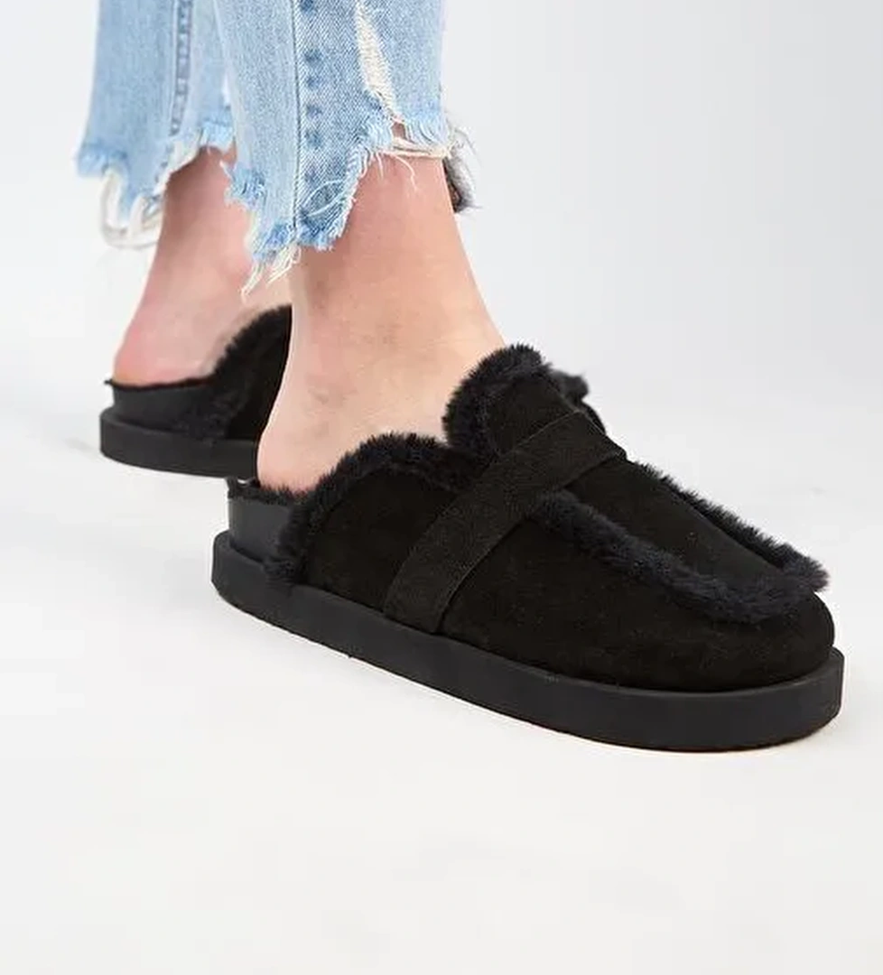 Manijero (Ecemi Platform) Kadın Hakiki Deri Kürklü Loafer Platform Siyah Terlik - Görsel 1