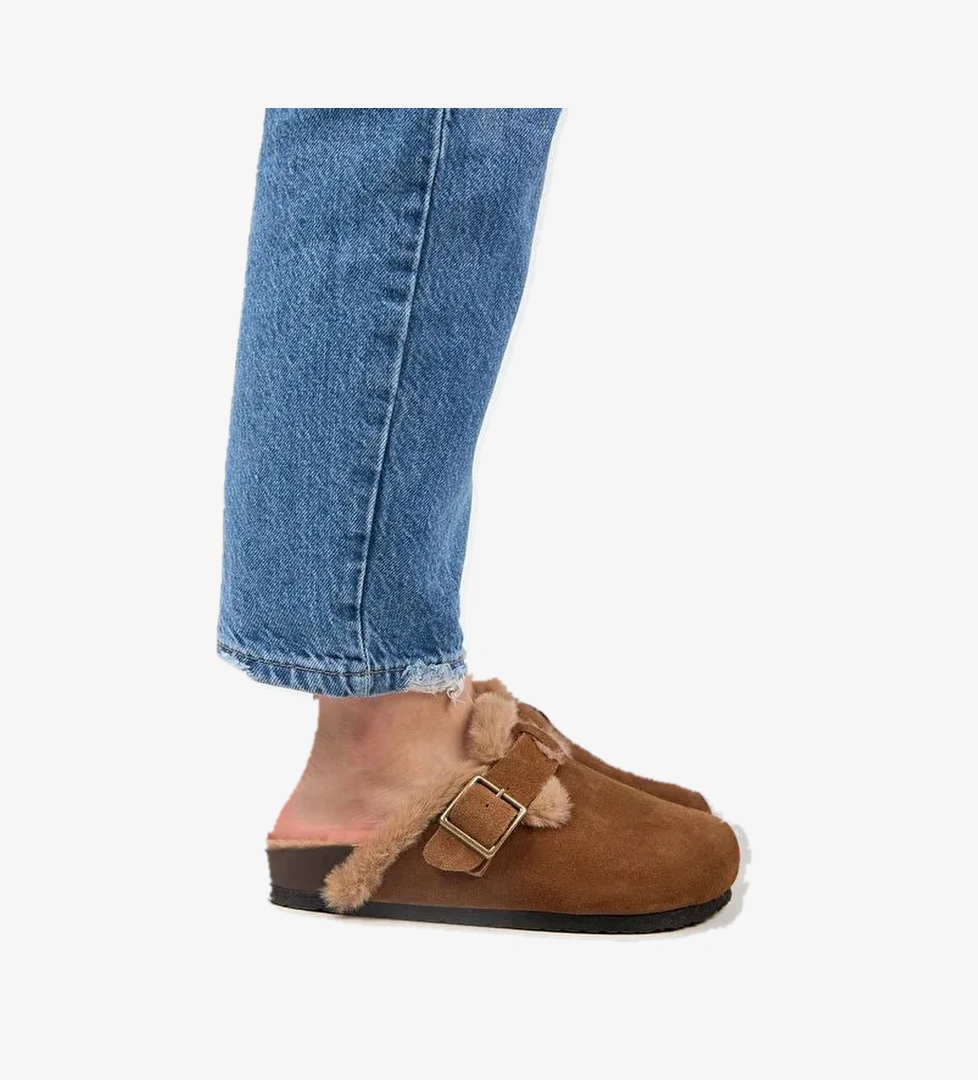 Manijero (Zeta 2 Kürklü ) Kadın Hakiki Deri Kemerli Tokalı Sabo Taba Terlik - Görsel 1