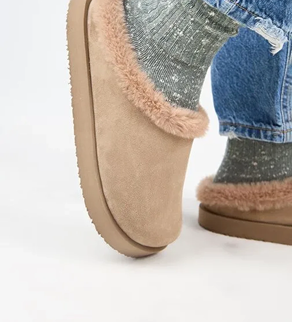 Manijero (Jana Kürklü) Kadın Hakiki Deri Düz Platform Vizon Terlik - Görsel 1