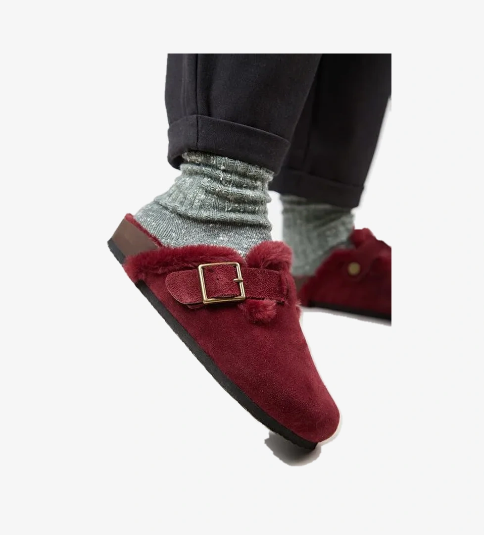 Manijero (Zeta 2 Kürklü ) Kadın Hakiki Deri Kemerli Tokalı Sabo Bordo Terlik - Görsel 1