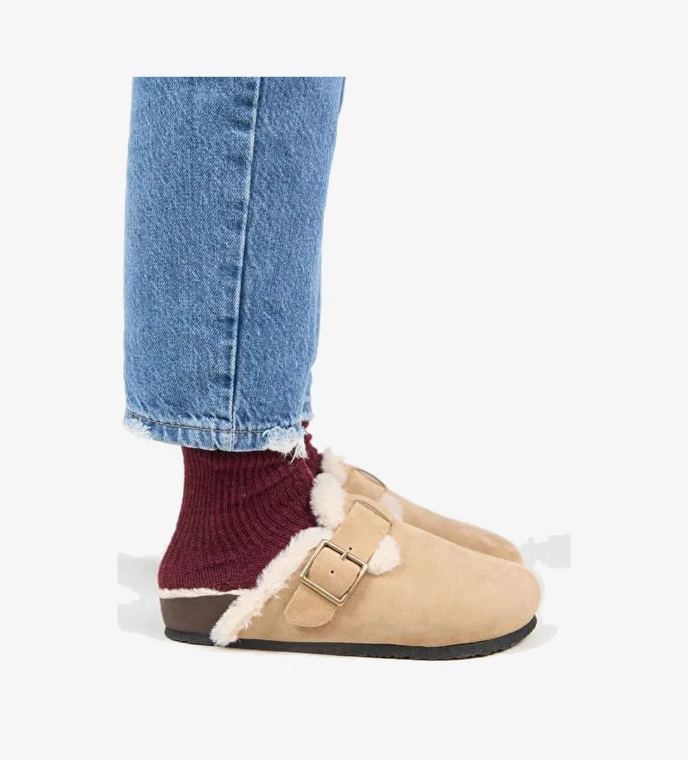 Manijero (Zeta 2 Kürklü ) Kadın Hakiki Deri Kemerli Tokalı Sabo Kum Terlik - Görsel 1