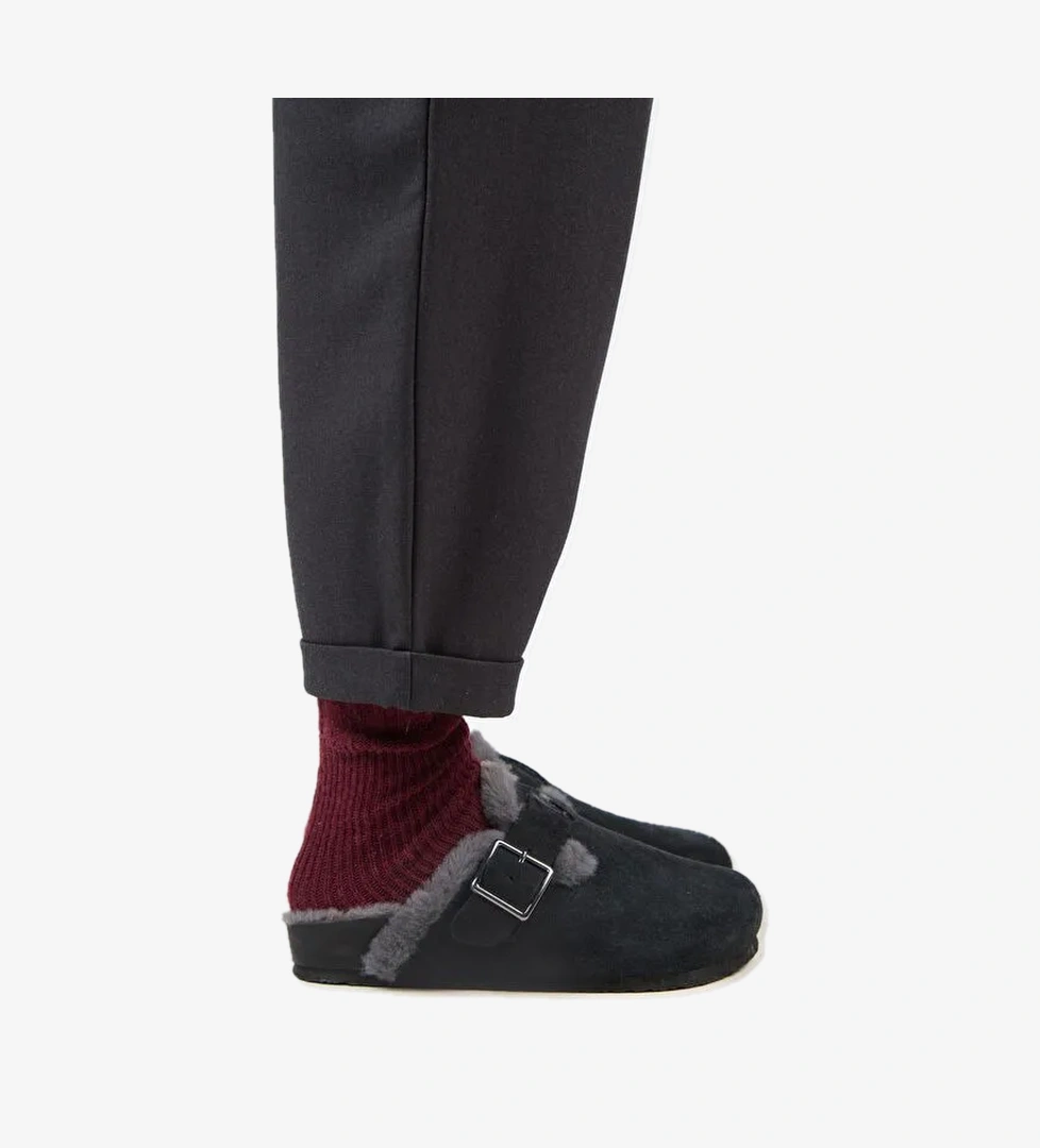 Manijero (Zeta 2 Kürklü ) Kadın Hakiki Deri Kemerli Tokalı Sabo Antrasit Terlik - Görsel 1