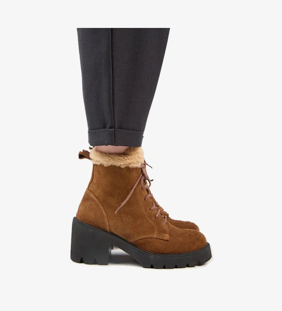 Manijero [Wilma) Kadın Hakiki Deri İçi Kürklü Ve Kürk Şeritli, Topuklu Taba Bot - Görsel 1