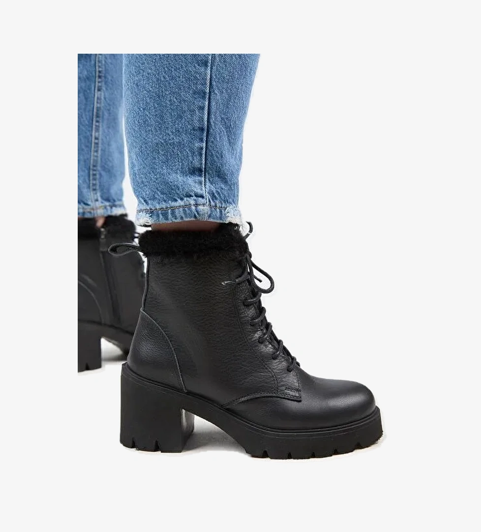 Manijero [Wilma) Kadın Hakiki Deri İçi Kürklü Ve Kürk Şeritli, Topuklu Siyah Bot - Görsel 1