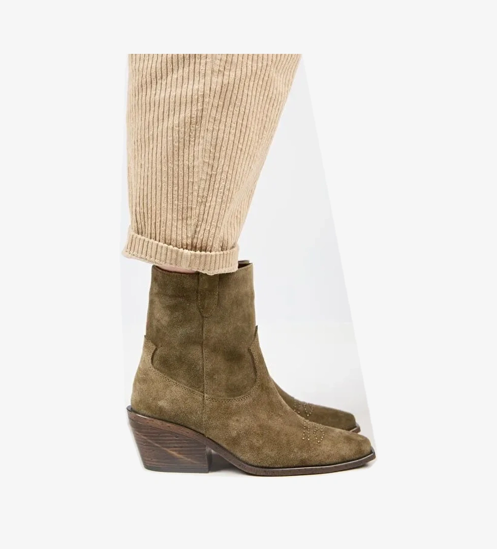 Manijero (Gona) Kadın Hakiki Deri Önü Troklu Kovboy Özel Eskitme Haki Bot - Görsel 1