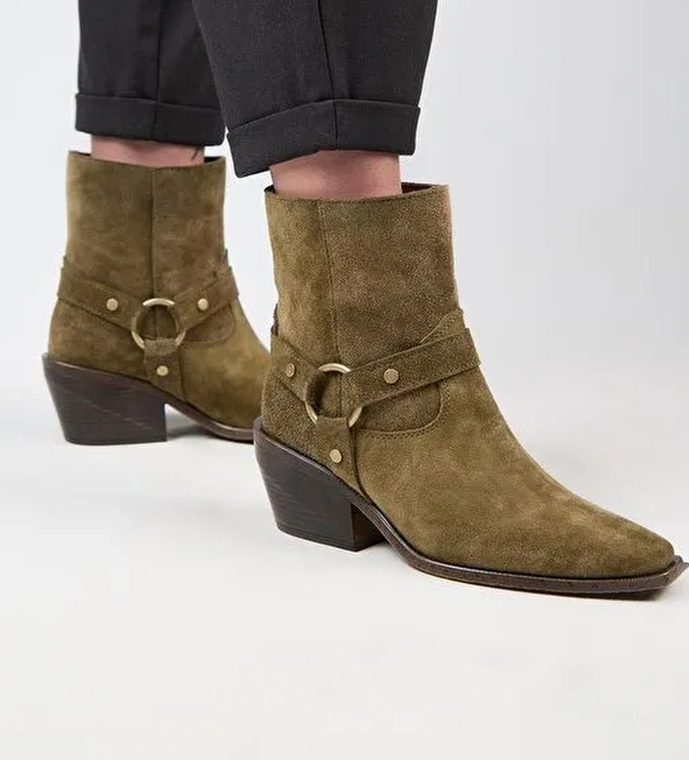 Manijero (Neus) Kadın Hakiki Deri Halkalı Kuşaklı Kovboy Özel Eskitme Deri Haki Bot - Görsel 1