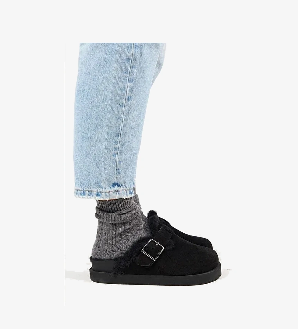 Manijero Siyah Kadın Deri - Kürklü Terlik MNJ.161.02 - Görsel 1