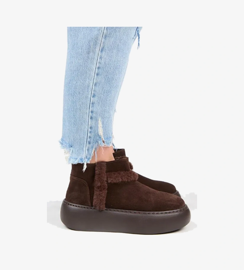 Manijero (Azura Mini) Kadın Hakiki Deri İçi Kürklü Ve Kürk Şeritli Kahve Bot - Görsel 1