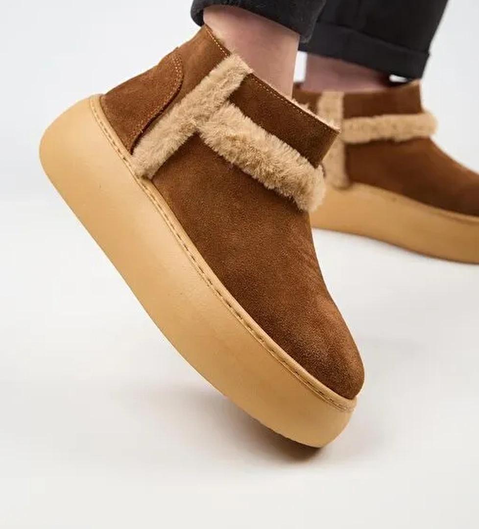 Manijero (Azura Mini) Kadın Hakiki Deri İçi Kürklü Ve Kürk Şeritli Taba Bot - Görsel 1