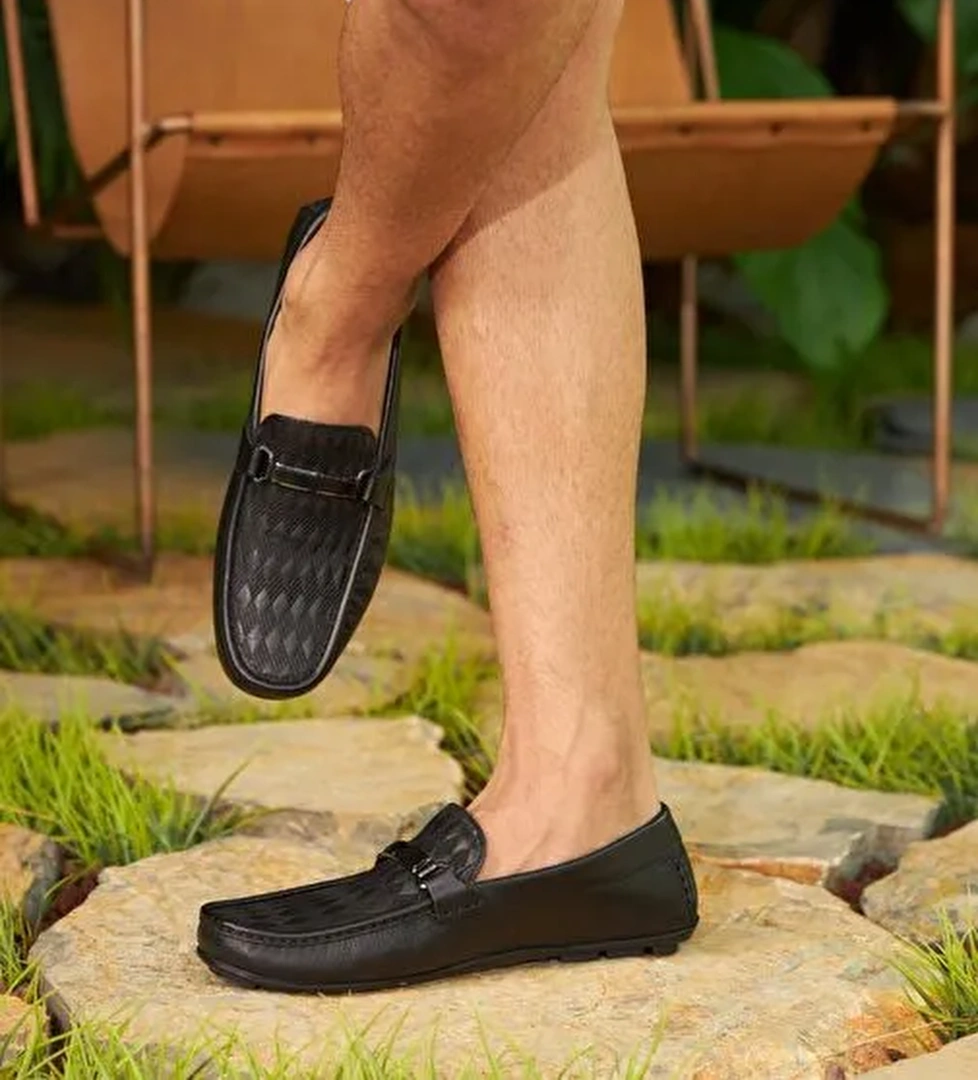 Baklava Desenli Hakiki Deri Siyah Erkek Loafer Ayakkabı - Görsel 1