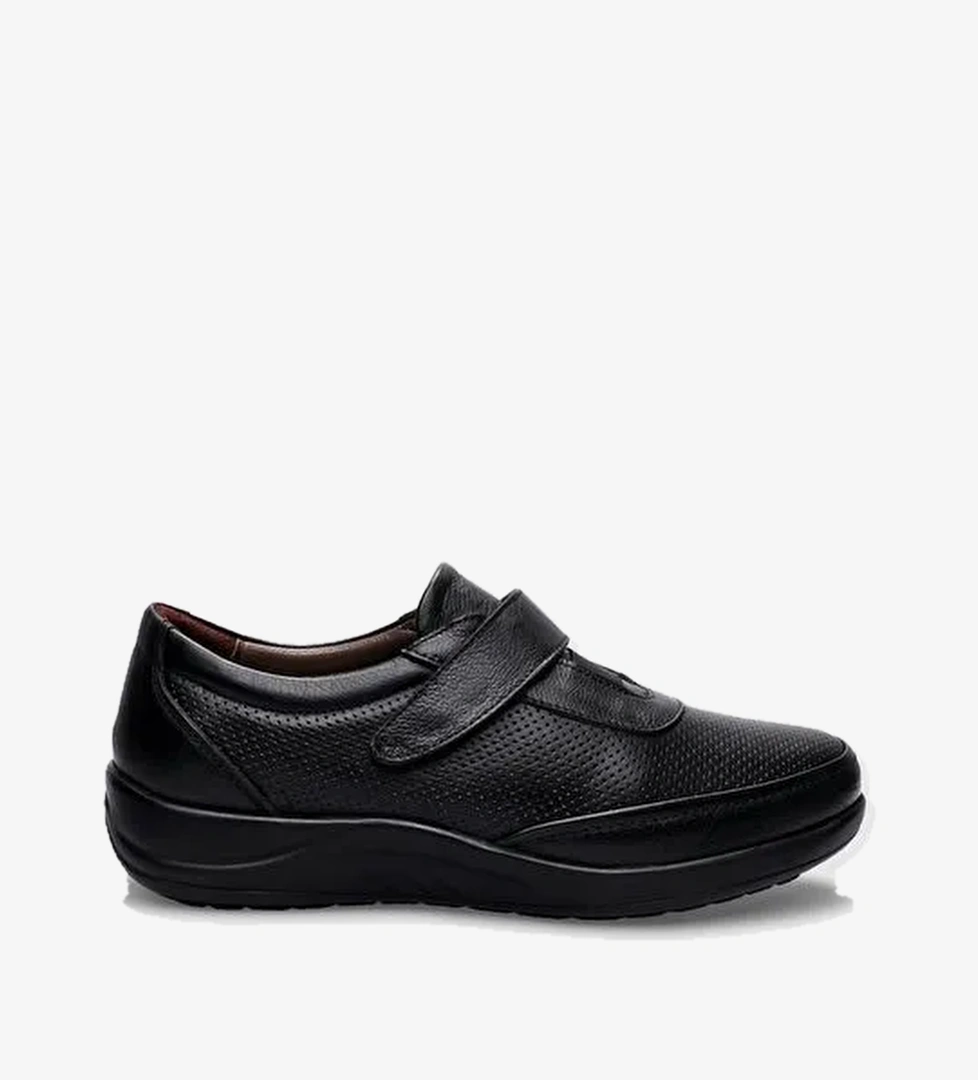 %100 Hakiki Deri Siyah Cırt Cırtlı Kadın Comfort Ayakkabı - Görsel 1