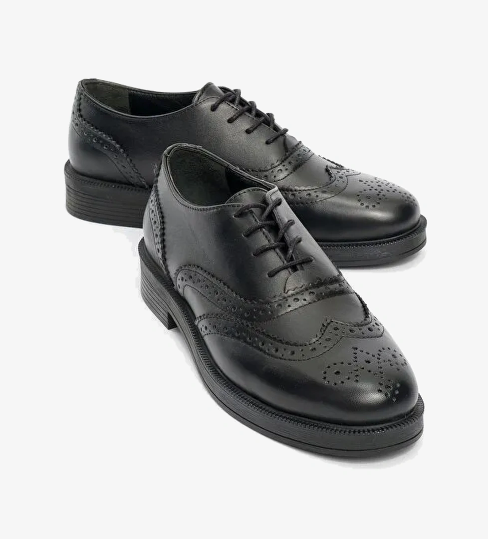 AVRA Siyah Cilt Hakiki Deri Kadın Oxford Ayakkabı - Görsel 1