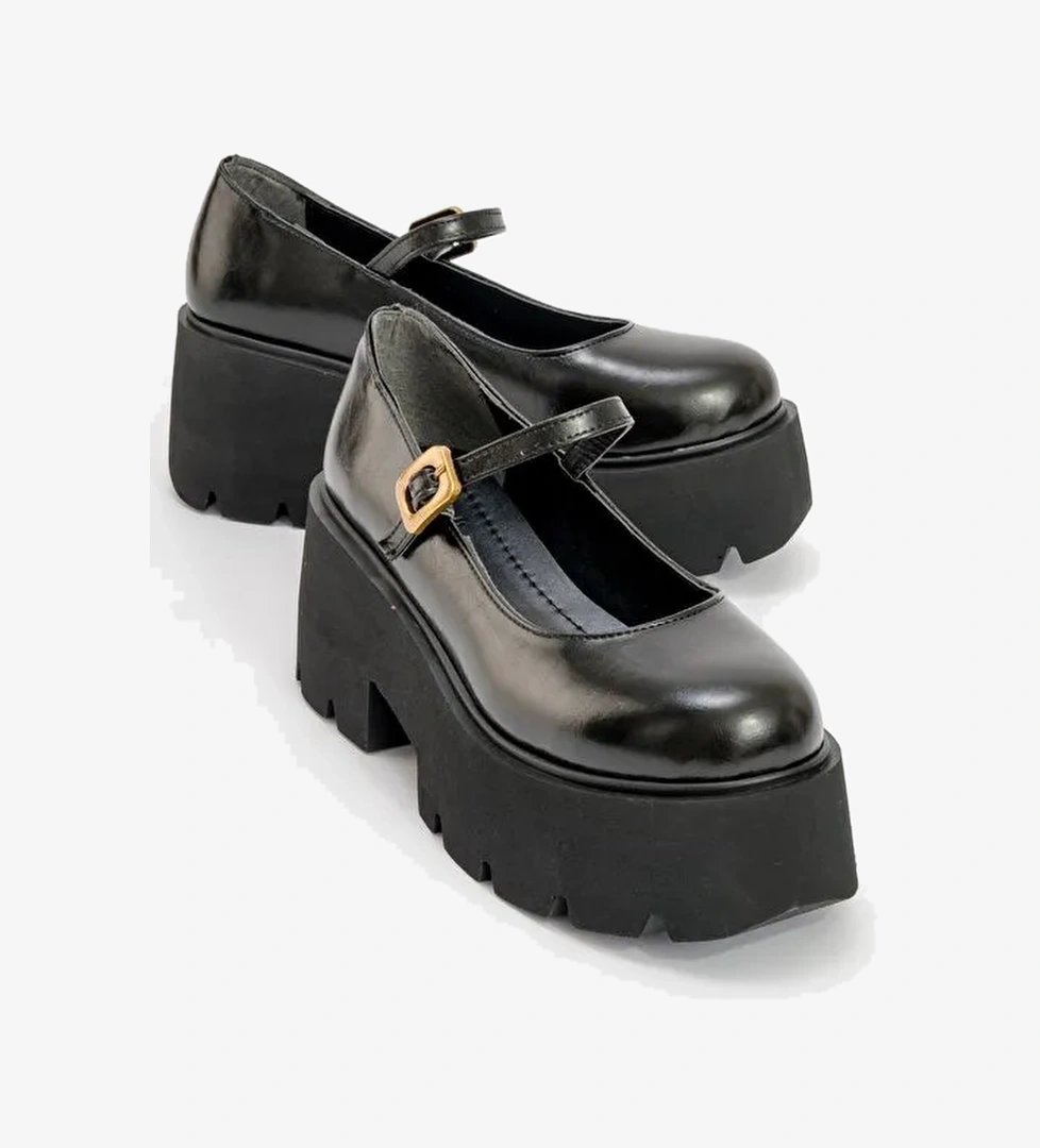 LİNLEY Siyah Cilt Kadın Kalın Tabanlı Günlük Ayakkabı - Görsel 1