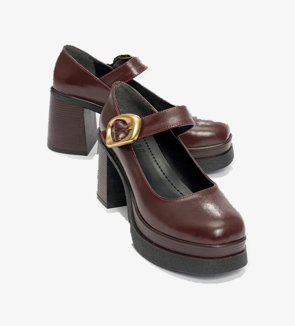 ASHES Bordo Cilt Gold Tokalı Kadın Platform Topuklu Ayakkabı - Görsel 1
