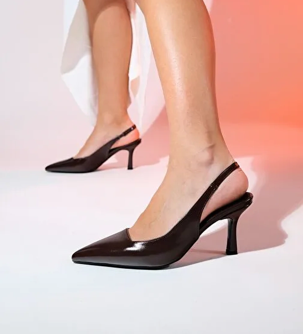 FLEM Kahve Cilt Kadın Sivri Burun Arkası Açık İnce Topuklu Ayakkabı - Görsel 1