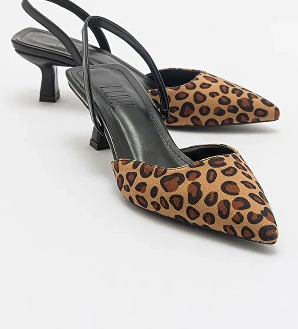 OVER Siyah Sarı Desenli Sivri Burun Kısa Topuklu Kadın Ayakkabı - Görsel 1