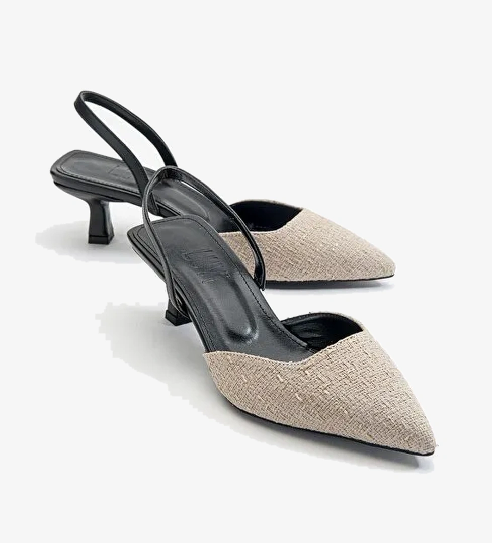 OVER Siyah Bej Tüvit Sivri Burun Kısa Topuklu Kadın Ayakkabı - Görsel 1