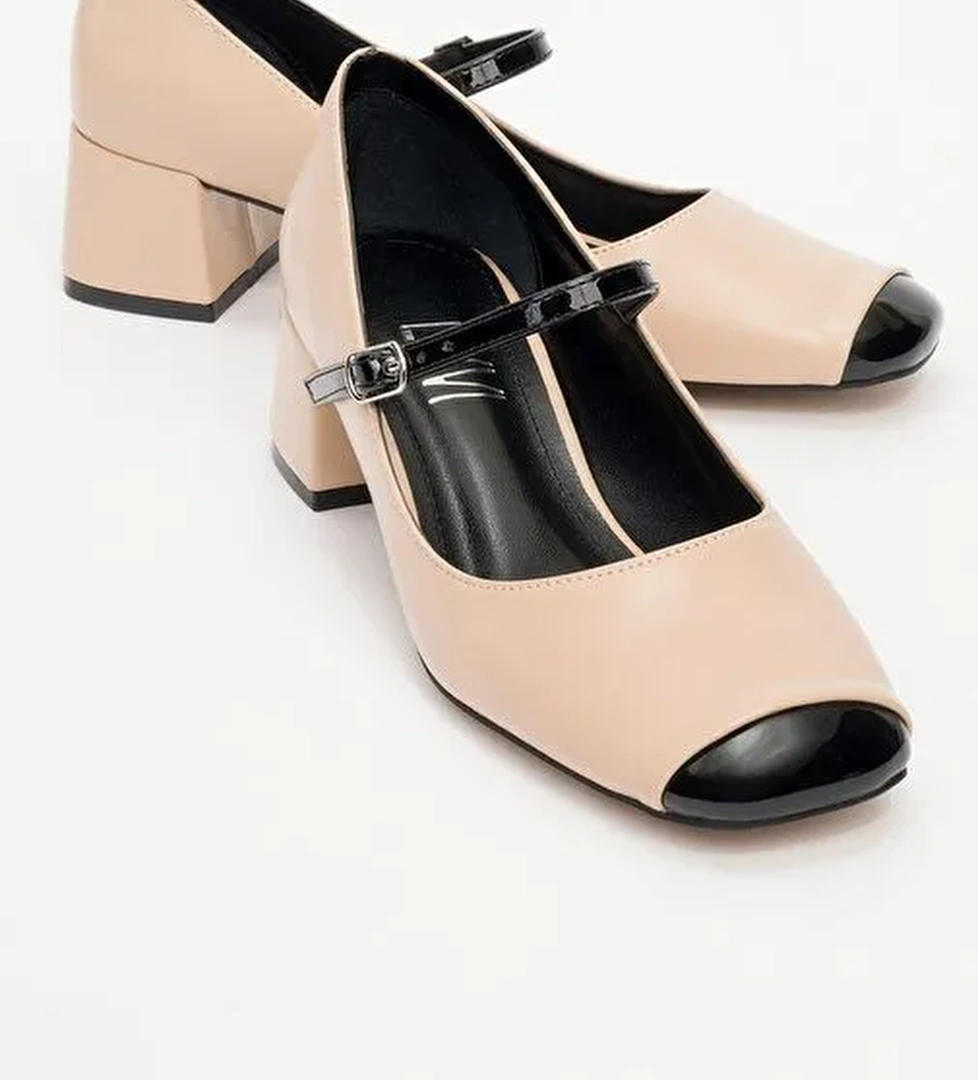 APENA Bej Cilt-Siyah Rugan Kadın Kısa Topuklu Ayakkabı - Görsel 1