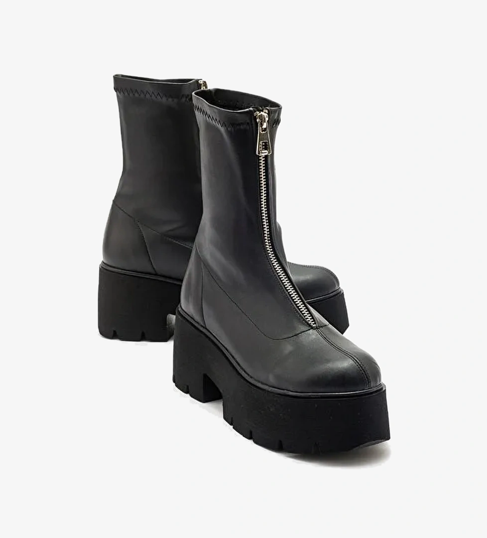 OVİL Siyah Streç Kalın Taban Fermuarlı Kadın Bot - Görsel 1