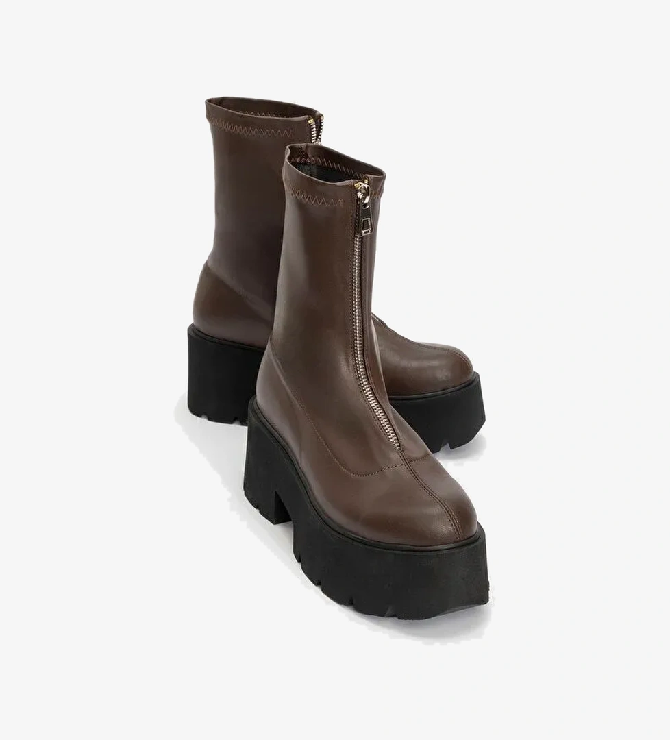 OVİL Kahve Cilt Kalın Taban Fermuarlı Kadın Bot - Görsel 1