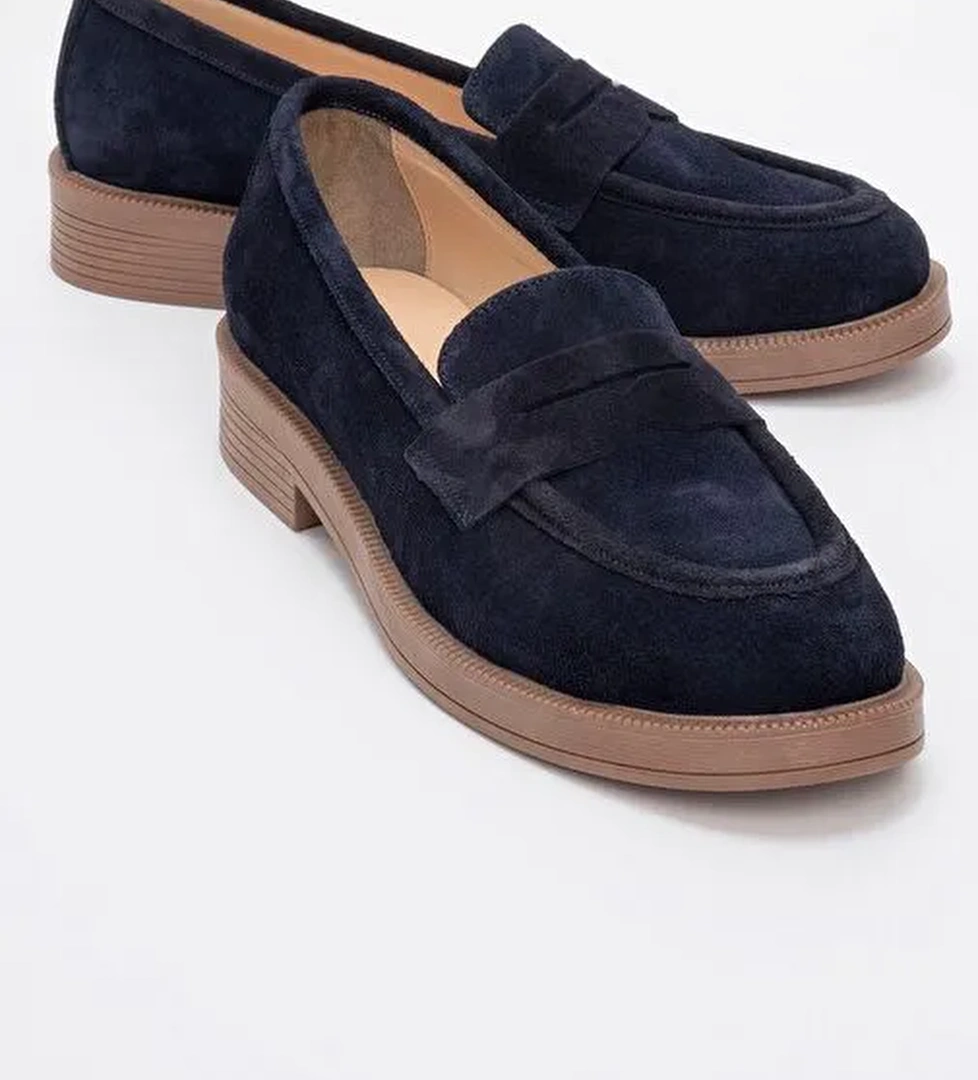 PLİNE Lacivert Süet Hakiki Deri Kadın Loafer Ayakkabı - Görsel 1