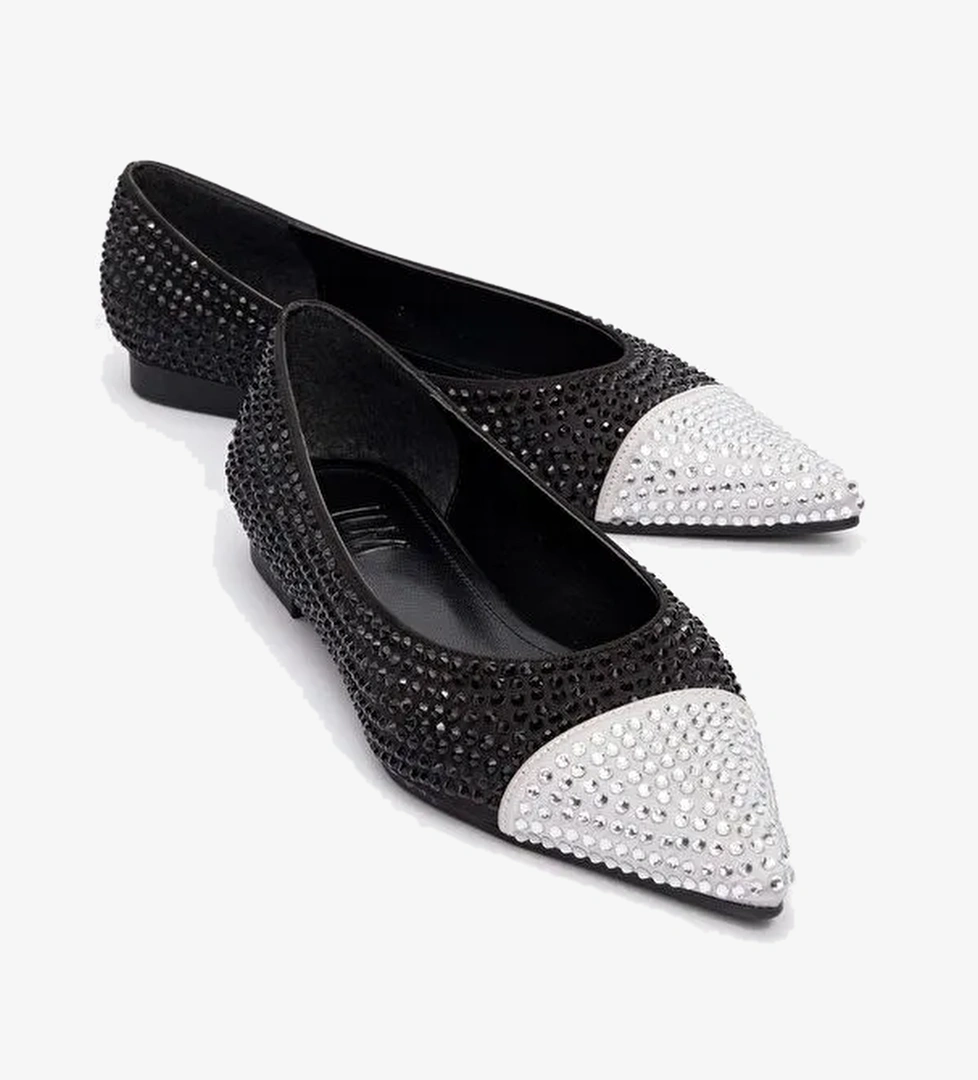 MONTERİA Siyah Gümüş Taşlı Kadın Babet Ayakkabı - Görsel 1