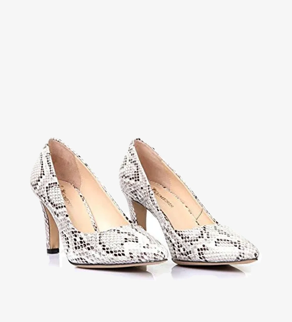 Karina Gerçek Deri Kadın Topuklu Ayakkabı Beyaz Baskı - Görsel 1
