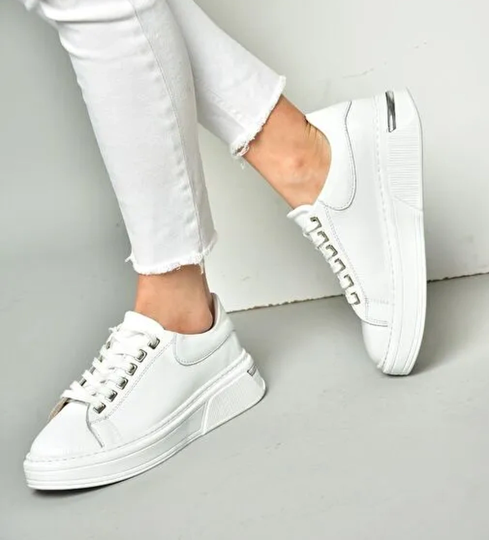 P555020003 Beyaz Hakiki Deri Kadın Spor Ayakkabı Sneakers - Görsel 1