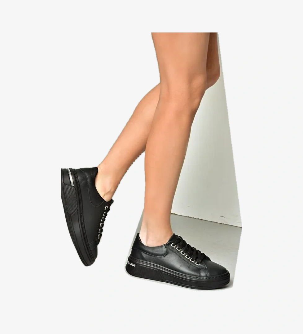 P555020003 Siyah Hakiki Deri Kadın Spor Ayakkabı Sneakers - Görsel 1