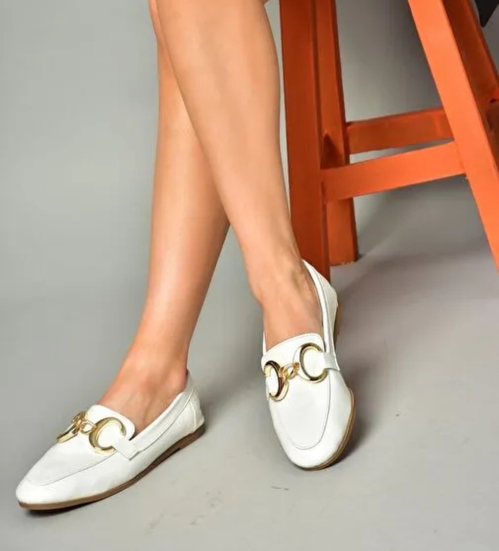 S291070303 Beyaz Hakiki Deri Kadın Babet - Görsel 1