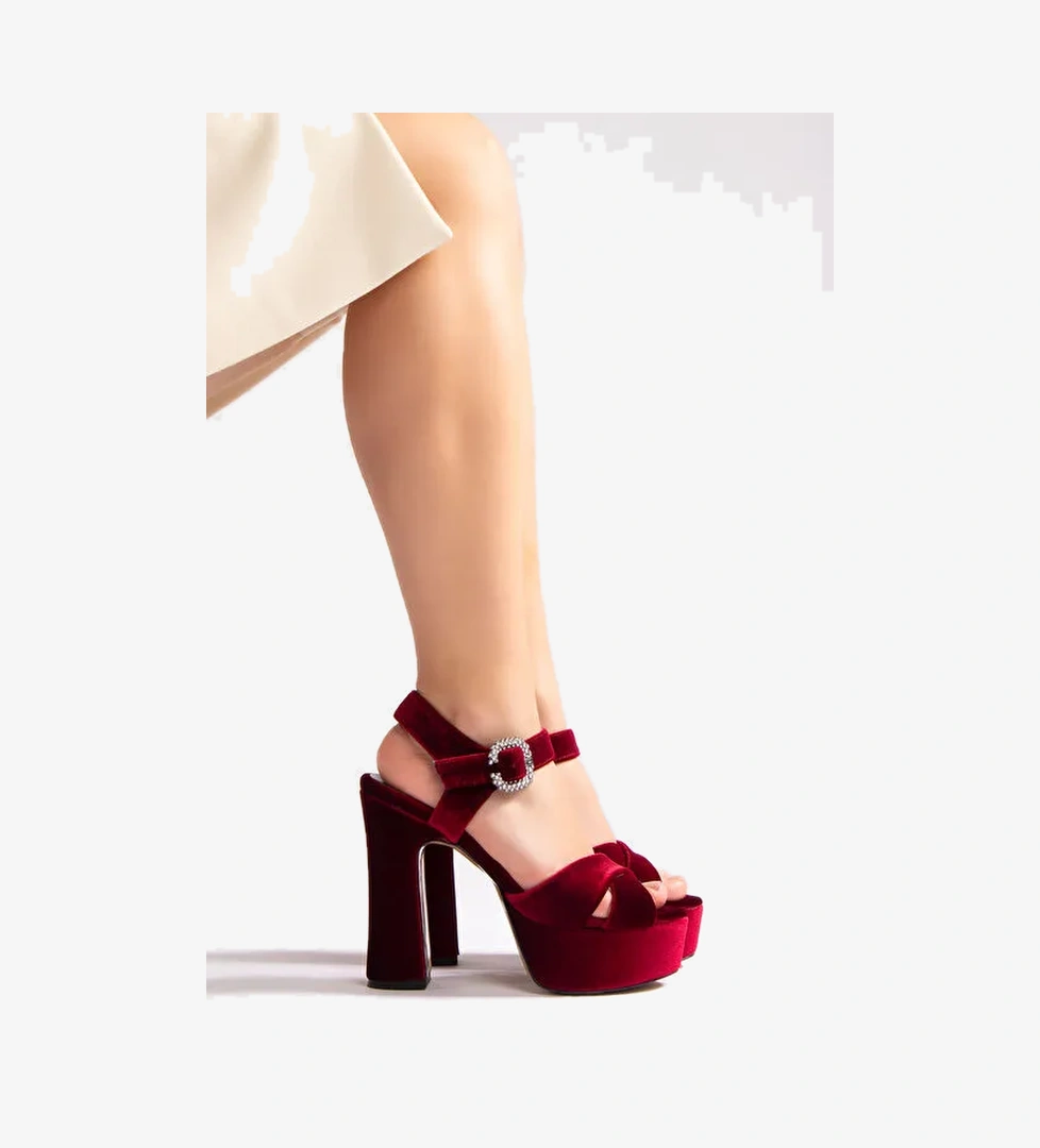 Jasmine Kadın Platform Topuklu Ayakkabı Bordo Kadife - Görsel 1